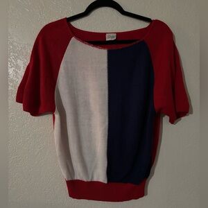 Vintage Women’s Red White Blue Colorblock USA Knit Short Sleeve Top Sweater S/M